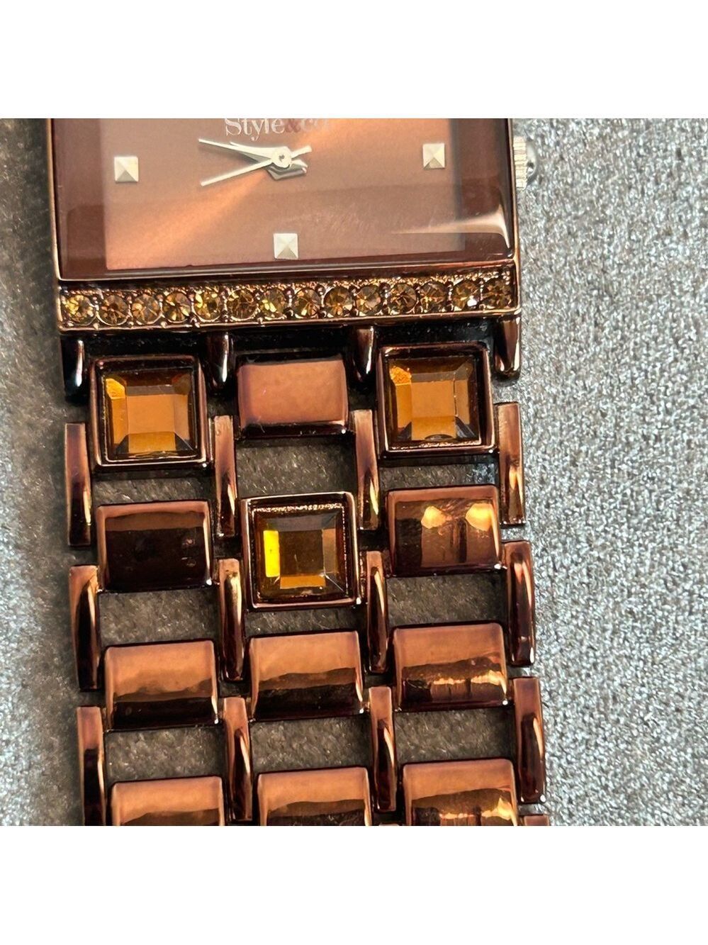 Style & Co. Bronze Amber Crystal rhinestone rectangular watch - Picture 4 of 15